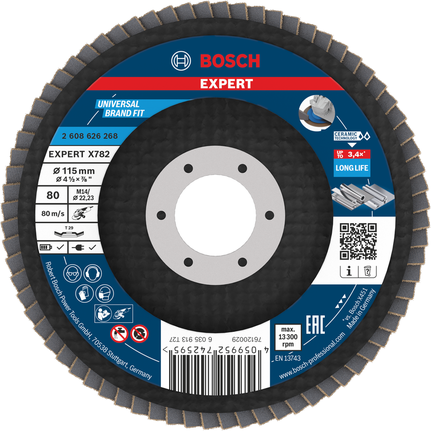 Lamelový kotouč Bosch EXPERT X782 115 mm G80 pro broušení kovů s dlouhou životností.